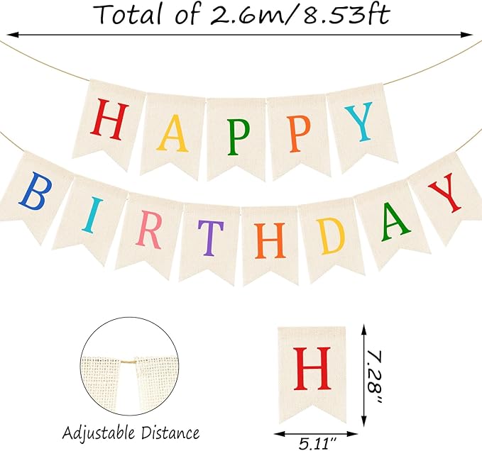 Doumeny Happy Birthday Burlap Banner Boho Birthday Garland Banner Rainbow Bohemian Bunting Garland White Birthday Hanging Bunting Multicolor Birthdays Sign Party Flag for Home Mantel Fireplace Nursery