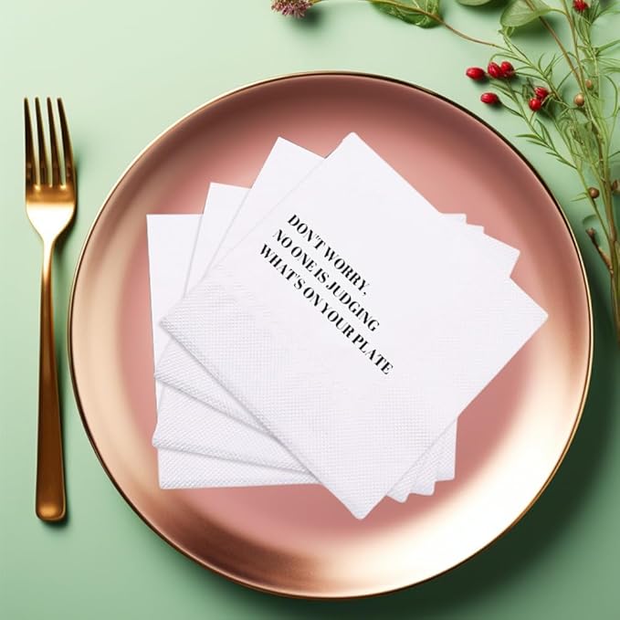 Funny Cocktail Napkins 100Pcs Funny Quotes Saying Disposable Paper Party Napkins 4.5 x 4.5 Two-ply (Don't worry, No one is Judging What's On Your Plate Napkins)