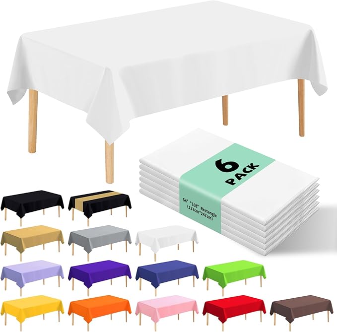 6 Pack Premium Disposable Plastic Tablecloth 54" x 108" Party Table Cloths Disposable for 6 to 8 Foot Tables Indoor or Outdoor Parties Birthdays Weddings Christmas Anniversary Buffet Table (White)
