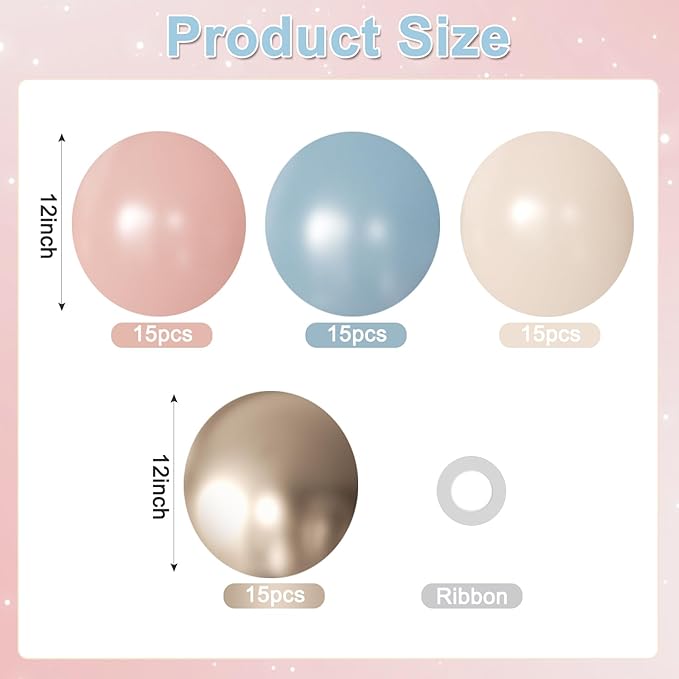 Gender Reveal Balloons, 60Pcs 12Inch Dusty Pink Blue White Gold Balloons for Boho Neutral Gender Reveal Baby Shower Engagement Birthday Party Decorations