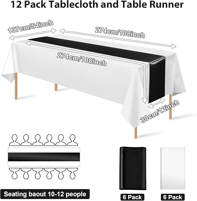 12Pack 12x108 Inch Satin Table Runner and 54x108Inch Plastic Tablecloths White and Black Disposable Rectangle Table Cover for Graduation Wedding Bridal Shower Anniversary Birthday Party Decorations