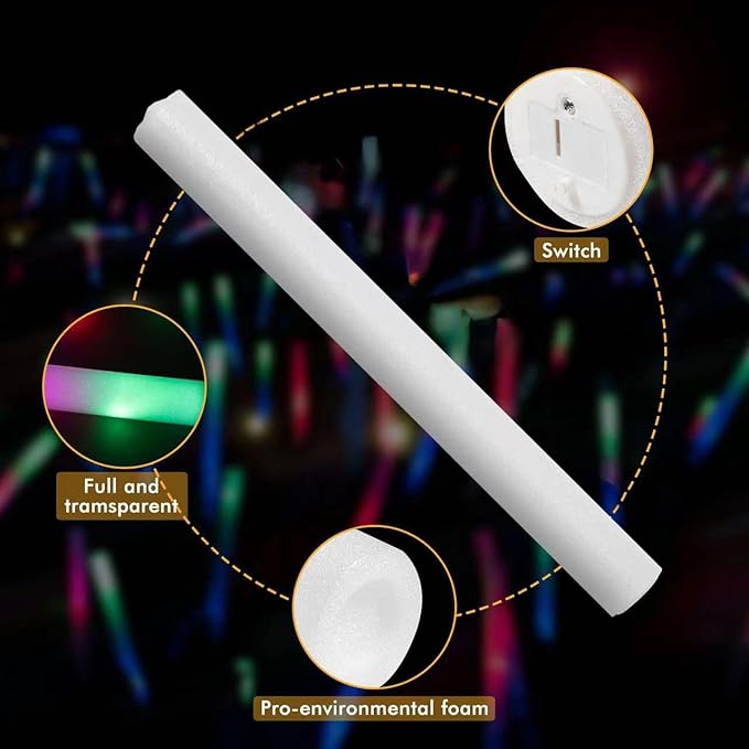 200 PCS LED Foam Sticks, Bulk Glow Sticks, Foam Glow Sticks for Wedding with 3 Modes Colorful Flashing, Glow in the Dark Party Supplies for Wedding, Raves, Concert, Sporting Events