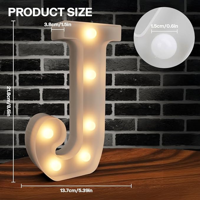 Marquee Lights, 26 Alphabet LED Letters, Battery Powered Night Lights, White Plastic for Engagement Party, Wedding, Baby Shower, Birthday - Letter J