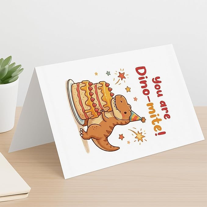 Cute Dinosaur Birthday Card for Kids Adults, Funny T-Rex Dino-Mite Pun Greeting Card, Awesome Bday Gift for Boy Girl Friend, Unique