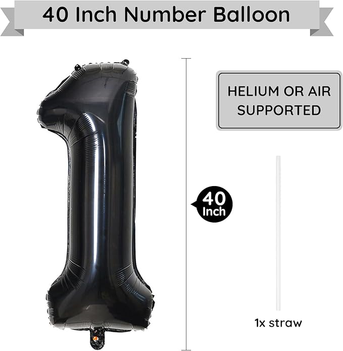 40 Inch Black Number Balloon 1, Large Number Foil Balloons Mylar for Girl Boy Birthday Party Celebration Decorations Supplies, Digital Balloons for Wedding Anniversary Events Decorations