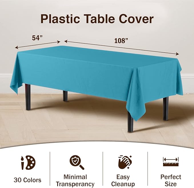 Exquisite Party Solids 6-Pack Premium Plastic Tablecloth 54in. x 108in. Rectangle Plastic Table Cover - Turquoise
