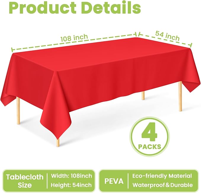 Mulbozy Red Plastic Table Cloth Disposable 4 Pack, 54 × 108 Inch Tablecloths Rectangle, Red Plastic Table Cover for Party Decor