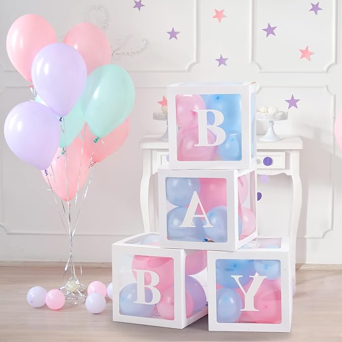 Baby Boxes with Letters for Baby Shower, Gender Reveal Decorations with Blue and Pink Balloons for Gender Reveal Birthday Wedding Baby Shower Decorations