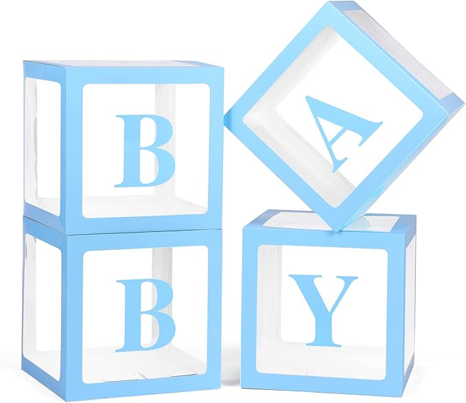 Baby Boxes with Letters for Baby Shower, 4 Transparent Balloon Boxes with Letters for Gender Reveal Birthday Wedding Baby Shower Decorations (Blue)