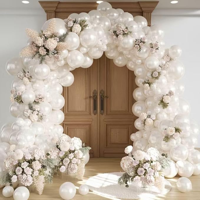 Pearl White Balloon Arch Kit - 144Pcs Different Sizes Double Stuffed Pearl Sand White Balloons and Pearl Stickers Garland Kit for Wedding Bridal Shower Engagement Birthday Party Decorations