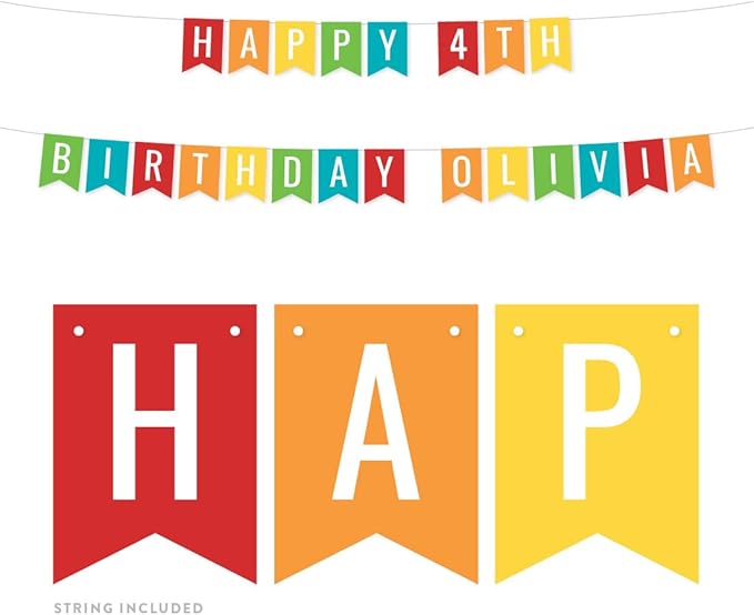 Andaz Press Personalized Hanging Pennant Banner Party Decorations, Rainbow Colors Red Orange Yellow Green Aqua Blue, Happy 4th Birthday Olivia, 1-Pack, Approx. 5-Feet, Custom Name and Number
