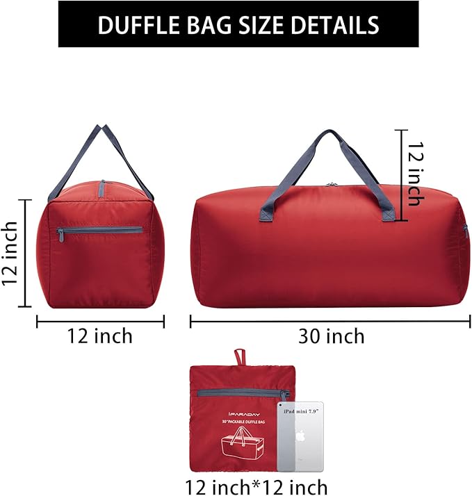 iFARADAY Foldable Duffel Bag 30" / 75L Lightweight with Water Rresistant for Travel-Red