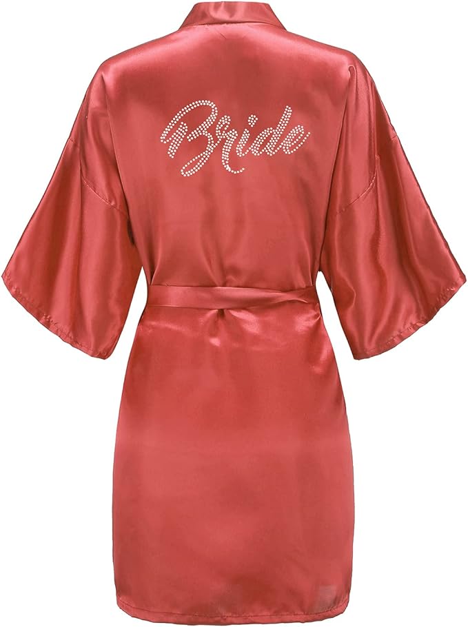 EPLAZA Women's One Size Silver Rhinestones Bride Bridesmaid Short Satin Robes for Wedding Party Getting Ready