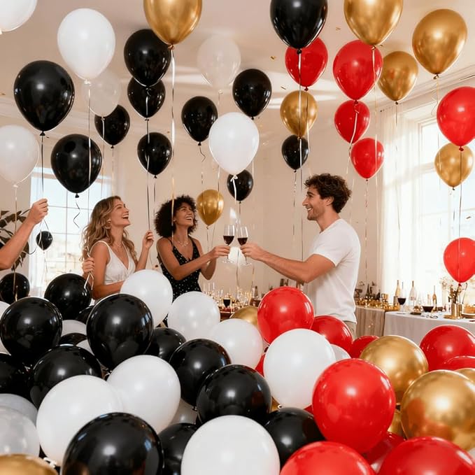 400 Pcs Black White Gold and Red 12 Inch Bulk Latex Assorted Color Balloons for Casino Theme Birthday Weddings Party Decorations