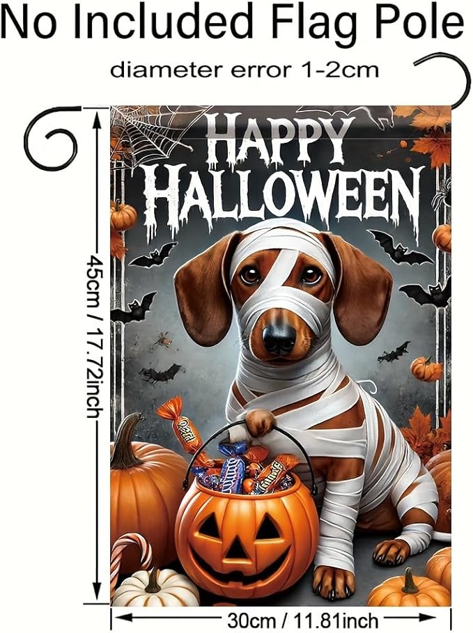 Halloween Garden Flag Dachshund Dog Mummy Pumpkin 12x18 Inch Double SidedOutdoor Yard Banner Trick or Treat Haunted House Spooky Cute Holiday Small Garden DecorationDecor