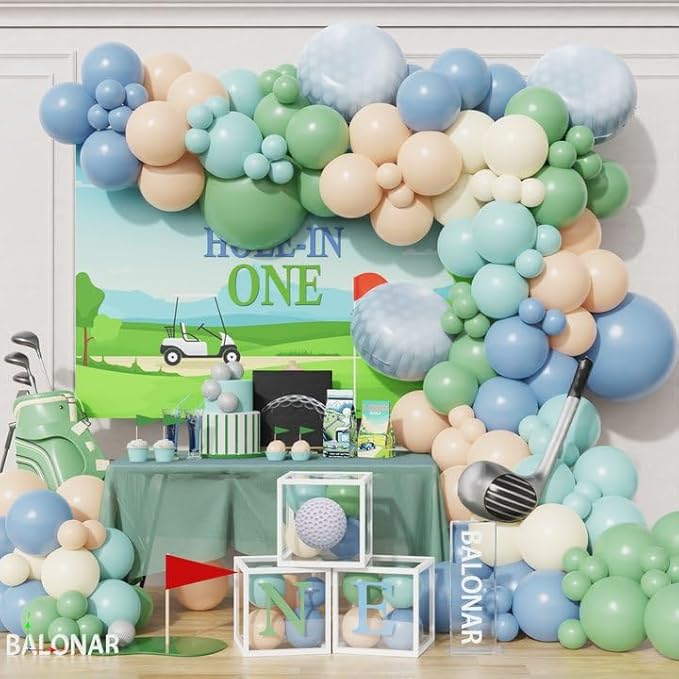 Hole in One Balloon Garland Arch 125Pcs Golf Party Decorstions Sage Green Dusty Blue Balloons with Golf Club Foil Balloon for Golf-Themed Party Decorations Baby Shower Supplies