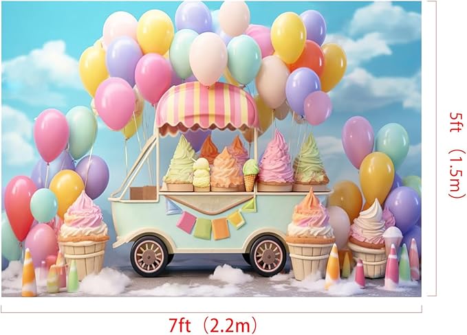 Kate 7x5ft Summer Ice Cream Car Backdrop for Photography Colorful Balloons Cake Smash Blue Sky Birthday Party Background for Kids Photo Props