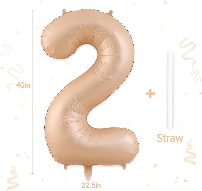 Number 2 Balloon, 2 Balloon, 2 Balloon Number 40 Inch, Beige Large Big Foil Number Balloons for 2 Birthday Party Wedding Anniversary Baby Shower Bachelorette Decoration Supplies