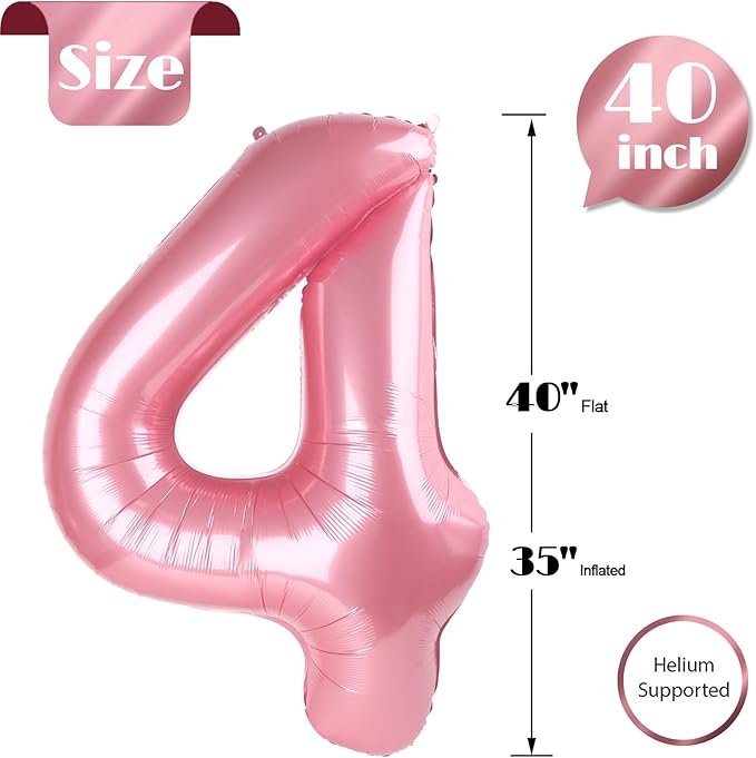 Pearlescent Pink Number 4 Balloon 40 Inch, 4 Balloon Number, 4th Birthday Decorations, Pearlescent Pink Party Supplies for Boys Girls
