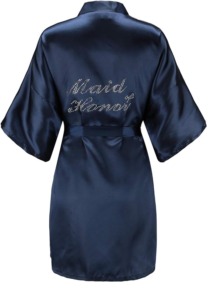 EPLAZA Women's One Size Silver Rhinestones Bride Bridesmaid Short Satin Robes for Wedding Party Getting Ready