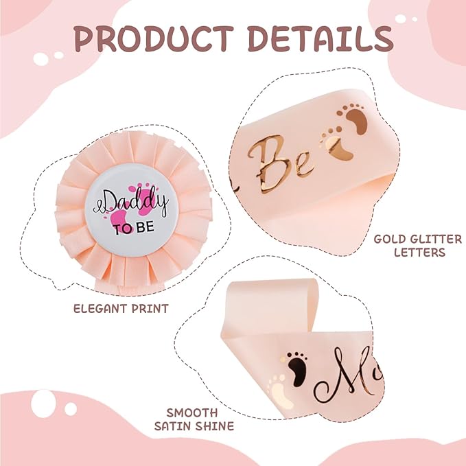2 Pcs Baby Shower Decorations, Mommy to Be Sash and Daddy to Be Badge Set, It's a Themed Party Supplies for Baby Shower and Gender Reveal Decoracion (Champagne 2 Pcs)