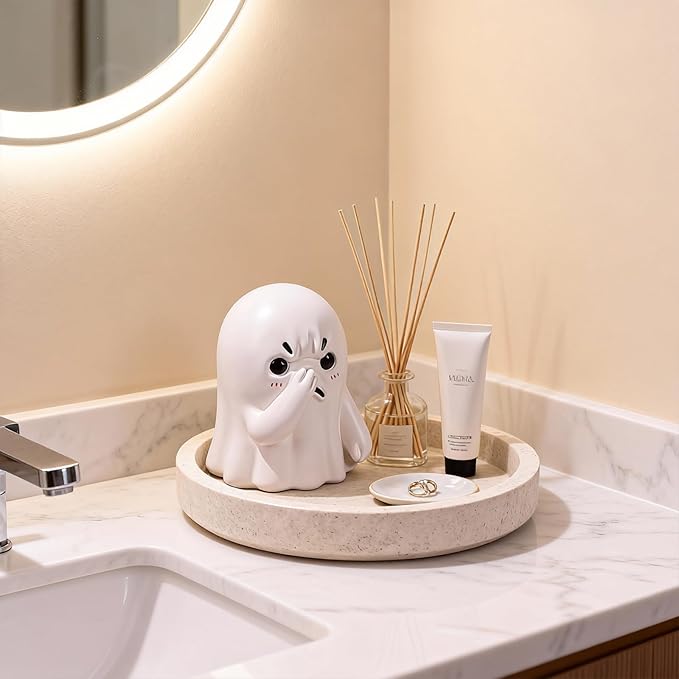 Holding Nose Small Ghost Figurine - Cute Ghost Decor Bathroom Statue, Halloween Decorations Indoor for Desk Porch Mantel Bathroom Shelf Spooky Home Decor, Funny Goth Gifts(Resin)