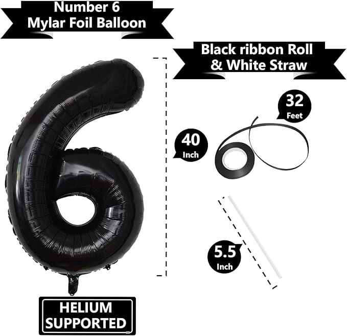 Number Balloons Black Party Balloon - Giant Number 6 Balloon, 40 Inch Large Balloon for Birthday Decorations, Black Party Supplies for Men Women