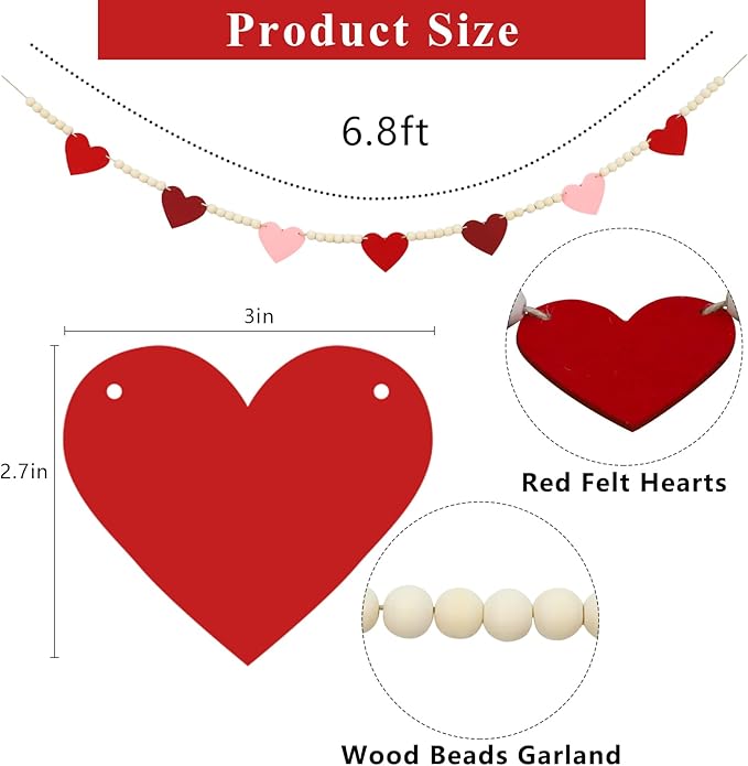 DAZONGE Valentines Day Decorations, Wood Bead Garland with Felt Hearts for Valentine Decor, Red and Pink Farmhouse Valentine’s Day Banner for Wedding, Anniversary Decorations