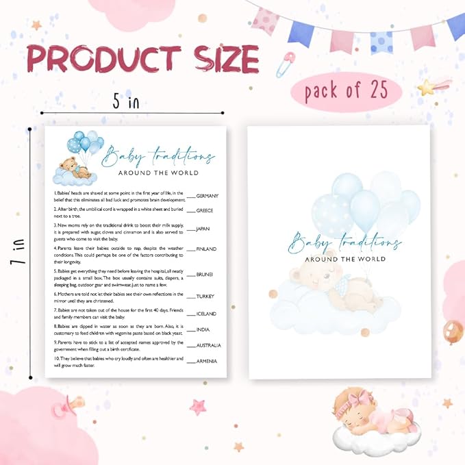 Baby Traditions Around The World Shower Game, 25 Blue Bear & Balloon Theme Cards with 1 Answer Key, Fun Baby Shower Games for Boys, Party Activities & Supplies -B06