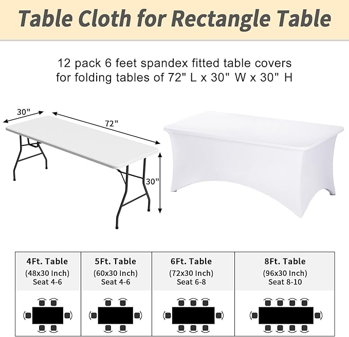 Fixwal 12 Pack White Spandex Rectangular Table Covers, 72"L x 30"W x 30"H, Wedding, Banquet, Party, Events