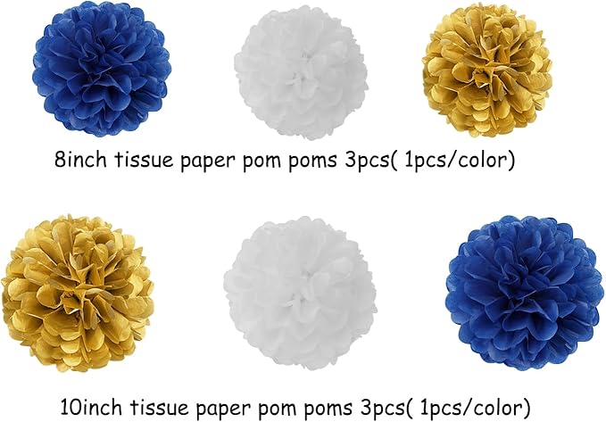 Navy-Blue White-Gold Party-Decorations Graduation Banner - 8pcs Kits Class of 2026 Cap Garland Streamers, Paper Tissue Pom Poms Flowers, Congratulations Grad Decor Lasting Surprise