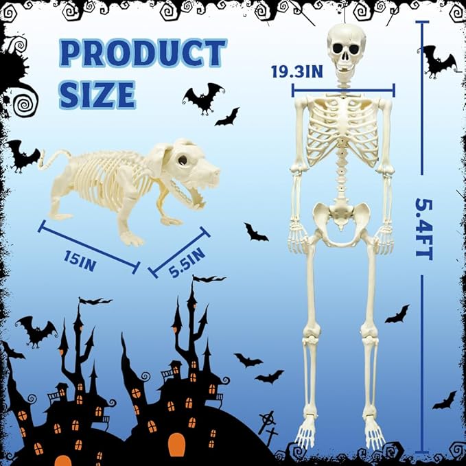 WODMAZ 5.4Ft Posable Halloween Skeleton, Full Body Life Size Skeleton with Dog Skeleton for Halloween Spooky Party Props Decor