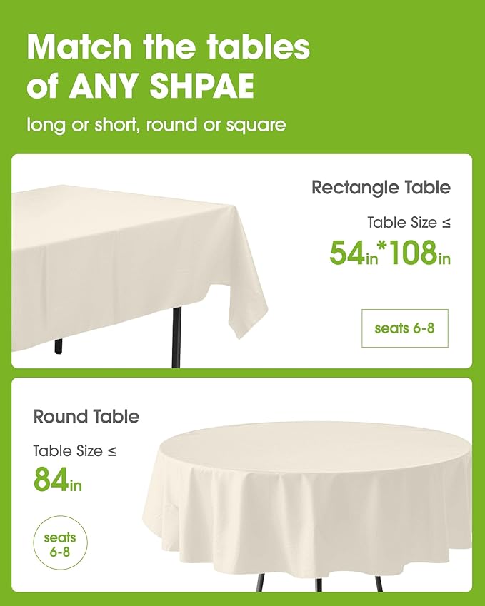Pureegg Plastic Table Cloth Disposable 10 Pack, 84'' Round Table Cloths, Party, Wedding, Thanksgiving Decorations, Fall Tablecloths, Round, Beige Plastic Cover, Leakproof & Sturdy, Cream, Ivory