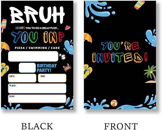 Bruh Pool Birthday Invitation Supplies with Envelopes Set of 20 Boy Birthday Party Invitations Fill in Blank, Double Sided