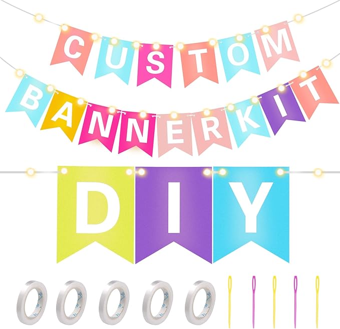 TaoBary 135 Pcs DIY Banner Custom Letters Kit Make Your Own Banner for Birthday Graduation Party Decor Include 107 Letters and Numbers, 16 Symbols, 2 String Lights, 5 Needles, 5 Rope (Colorful)