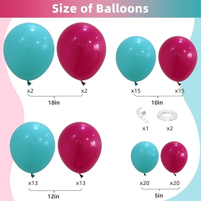 Hot Pink and Teal Balloon Arch Kit, Hot Pink Turquoise Balloon Garland Kit, Rose Red Teal Blue Latex Balloons Different Sizes for Birthday Decorations Wedding Baby Shower Summer Party Supplies