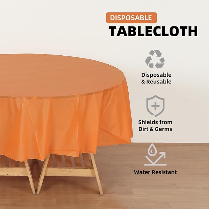 Craft And Party 12-Pack Orange Plastic Tablecloths – 84 Inch Round Disposable Table Covers, Heavy Duty & Waterproof for Parties, Events, Banquets, Orange