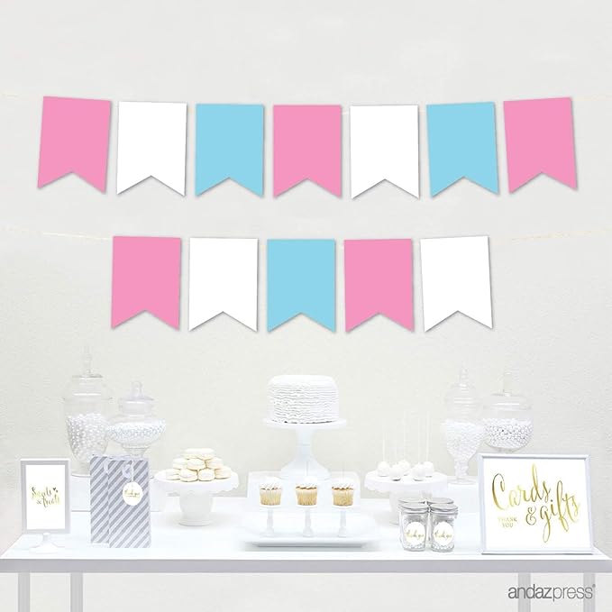 Andaz Press Hanging Pennant Banner with String, Pink, White, Baby Blue, 1-Set, 24 Pennants, Approx. 12-Feet Long, Baby Shower Gender Reveal Theme Colored Supplies