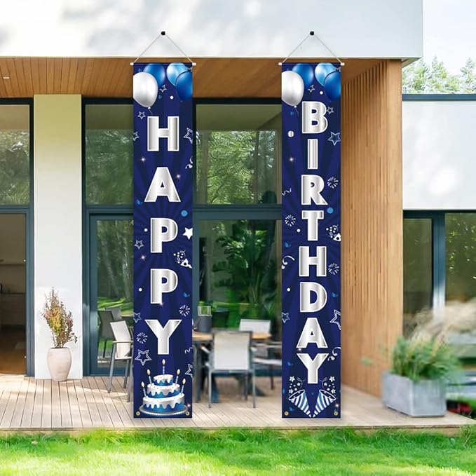 Blue Silver Birthday Decorations Banner, Happy Birthday Door Sign, Polyester, 72 x 12 Inch, for Men Women Boys Girls, Reusable, Ideal Party Supplies