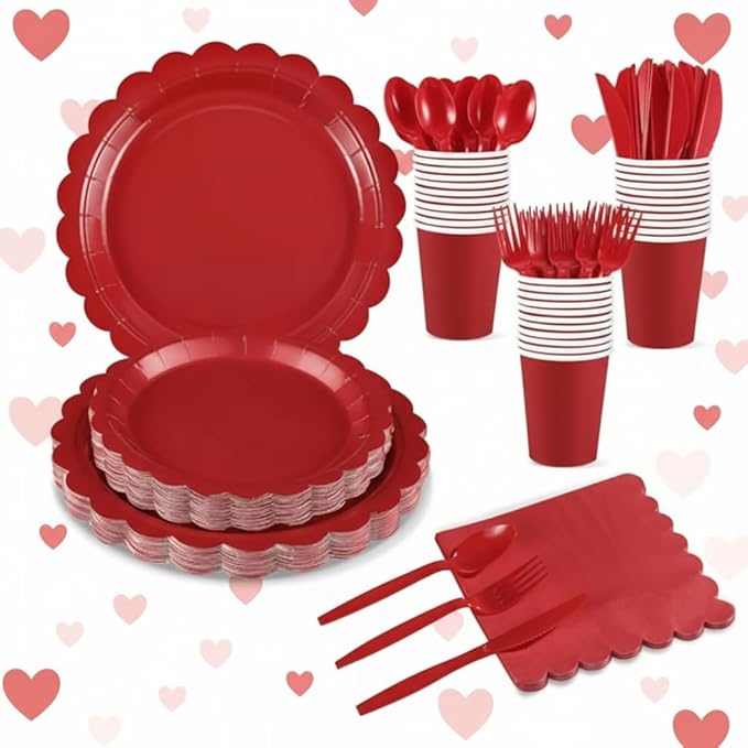 175 Pcs Red Plates and Napkins, 25 Guest Red Party Decorations Include Paper Plate and Napkins Cups Plastic Spoons Forks Knives for Birthday, Picnic, Graduation