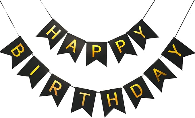 Large Happy Birthday Banner 6.3&7.8 inches Happy Birthday Bunting Banner with Shiny Gold Letters Black & Gold Birthday Party Decorations for Any Ages's Party Supplies with 13 Cards, a Ribbon