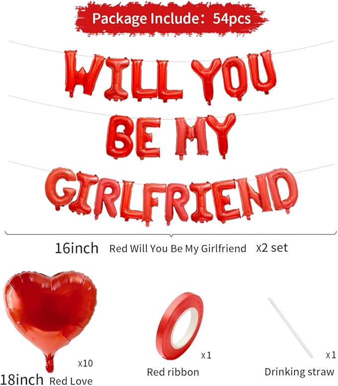 2 Set 16 Inch Will You Be My Girlfriend Balloons Banner, Red Proposal Letter Balloons with 10 Heart Shaped Balloon for Romantic Decorations, Engagements, Anniversaries, Valentines Day Decor