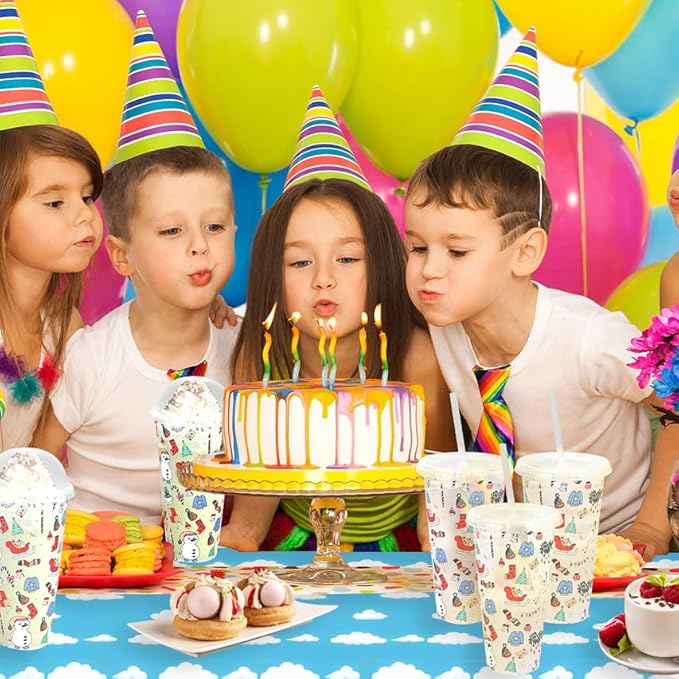 Blue Sky White Clouds Birthday Party Supplies Cartoon Story Tablecloth Party Table Cover Cartoon Table Banner for Baby Kids Shower Birthday Decorations, 54 x 108 Inch(3 Pieces)