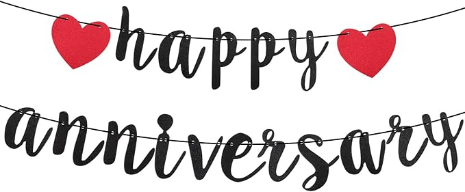 Happy Anniversary Banner, Glitter Wedding Anniversary Romantic Decorations No DIY Banners for Baby Shower Couples Birthday Party New Year(Black)