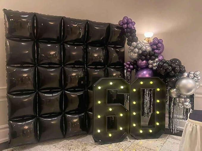 50pcs Black Square Foil Balloons Wall Backdrop with 80pcs Black Balloon Garland Arch Kit, Double Sided Balloon Tunnel for Anniversary New Year Birthday Graduation Baby Shower Party Decorations