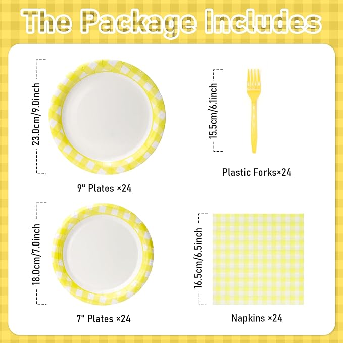168PCS Party Plates, Scalloped Gingham Paper Plates and Cups and Napkins Sets Party Supplies for Birthday Wedding Bridal Shower Baby Shower Picnic, Serve for 24 Guests (Yellow Gingham)