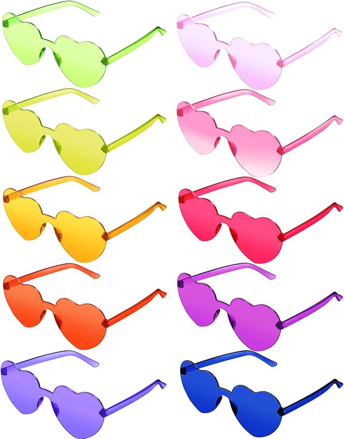 TOODOO 10 Pairs Heart Shaped Sunglasses Rainbow Sunglasses Candy Color Rimless Glasses for Women Girl Party Favor