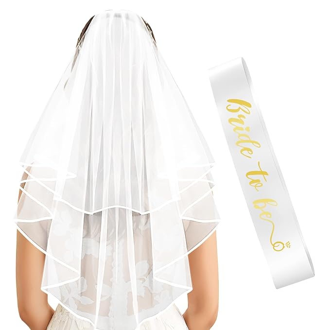 Gold Bride to Be Sash & White Wedding Veil for Bachelorette Party, 2Pcs Bridal Veil and Sash Set for Women and Girls, Bach Party Favors Accessories for Bridal Showers Engagement Party Supplies