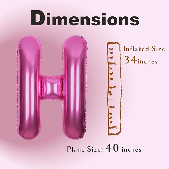 SUWEN 40 Inch Hot Pink Large H Letter Balloons Big Foil Helium Letter Balloons A-Z Jumbo Mylar Happy Birthday Party Decorations for Woman Anniversary Party Supplies