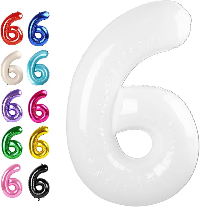White 40 Inch Mylar Foil Number 6 Balloon, Birthday Digital Balloons for 6 16 Boy Girl Party Decorations Supplies, White Big Helium Balloon Numbers for 26 36 46 60 Men Women Anniversary
